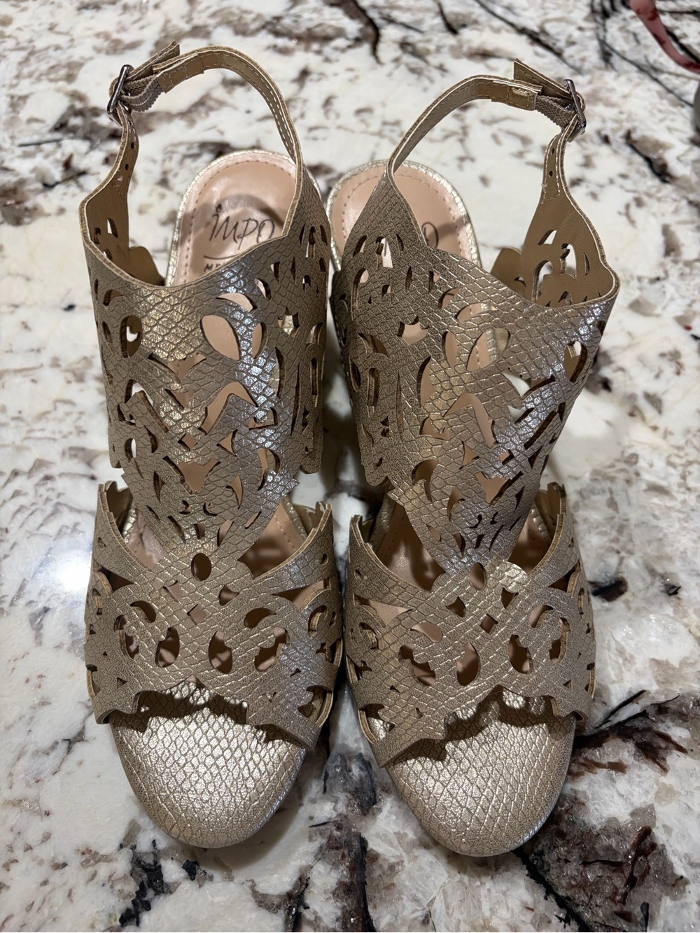 Impo Metallic Gold Laser-Cut Slingback Heels